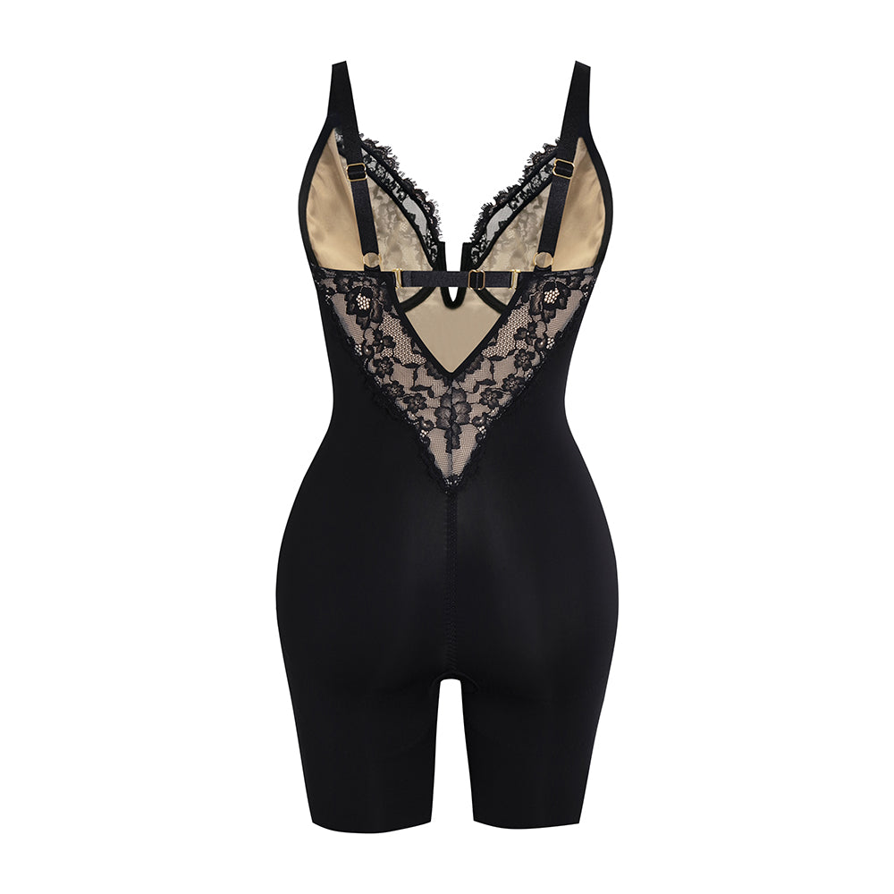 Women's Elegance Lace Bodysuit Deep V Neck Mid-Thigh Shapewear with Hooks