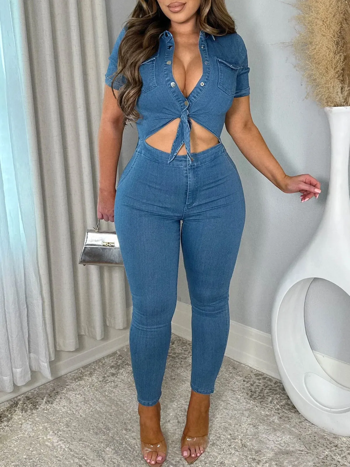 Women Skinny One Piece Romper Denim Jumpsuit Lightblue