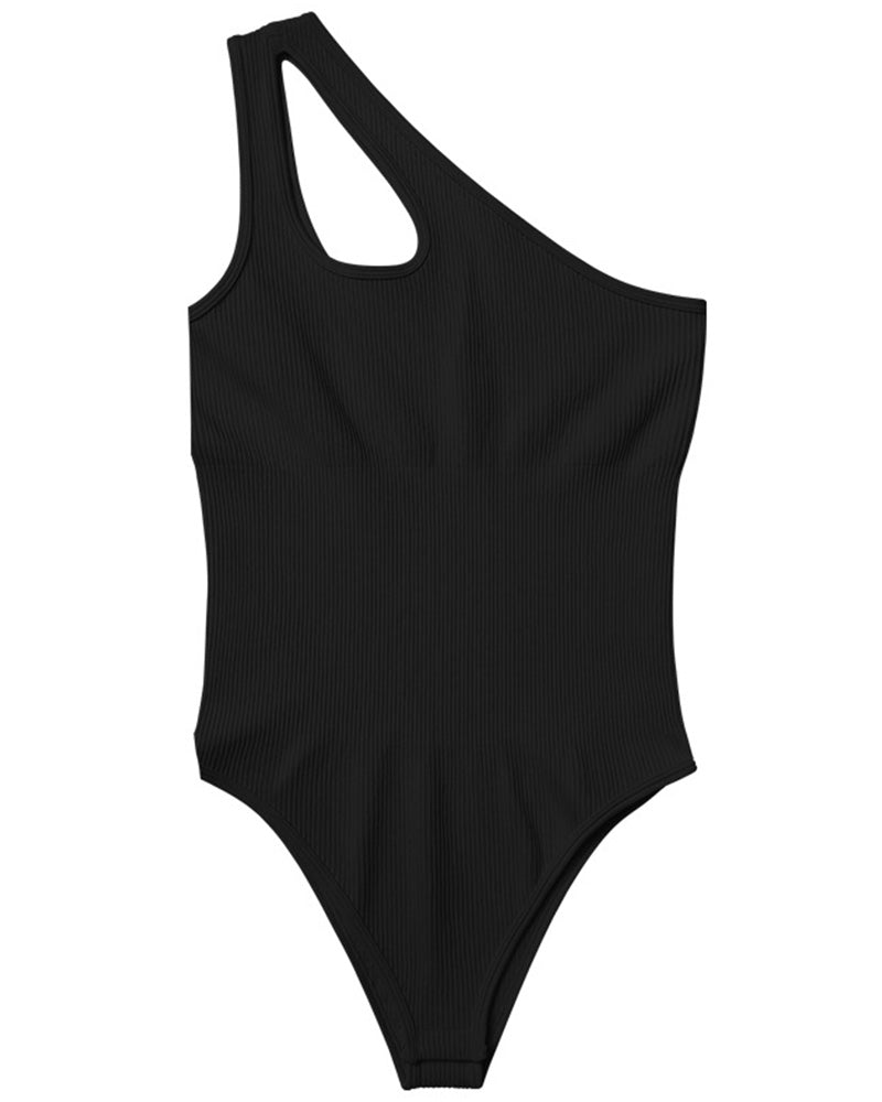 Fashion Ribbed One Shoulder Tummy Control Sexy Bodysuits
