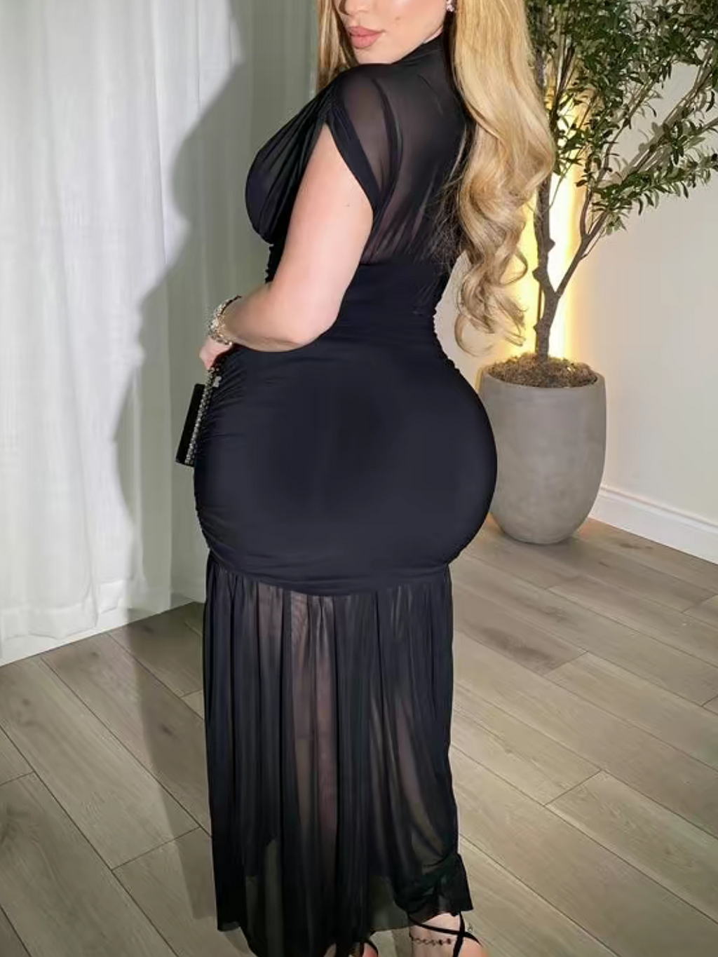 Black Mesh Paneled Fitted Long Dress
