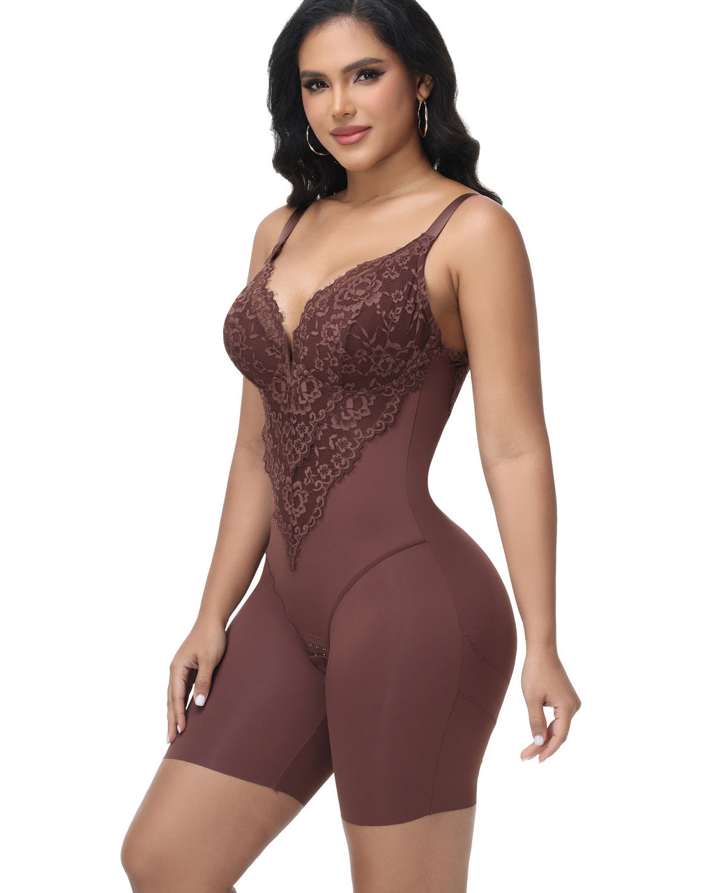 Women's Elegance Lace Bodysuit Deep V Neck Mid-Thigh Shapewear with Hooks