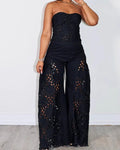 Fashionable Lace Tube Top Trousers Suit Black