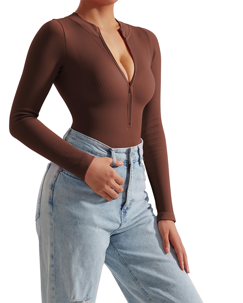 Seamless Ribbed Zip-Up Long Sleeve Bodysuit Brown