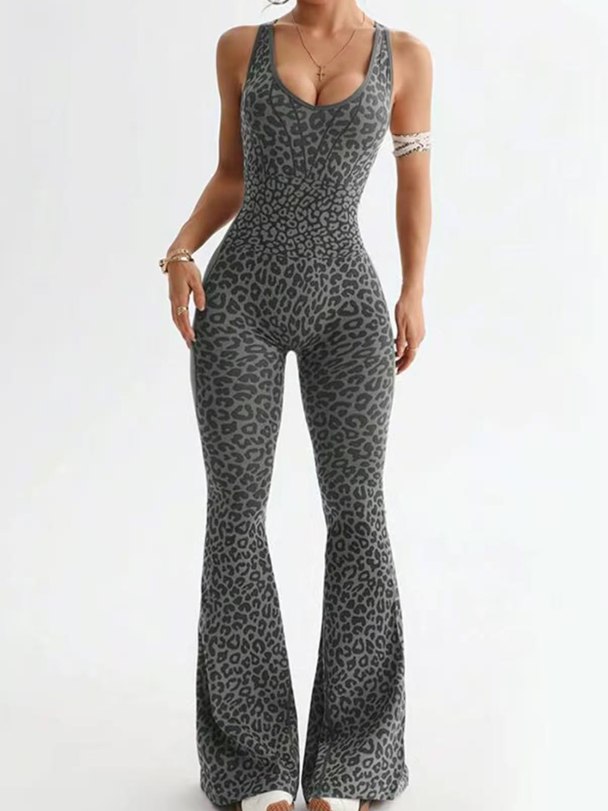 Women's Leopard Print Flared Leggings Bodysuit Gray