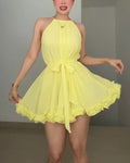 Women's Pleated Halter Neck Chiffon Mini Dress with Ruffle Hem and Tie Waist