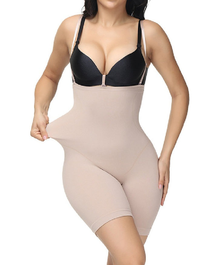 Seamless Open Bust Elastic Bodysuit Beiges
