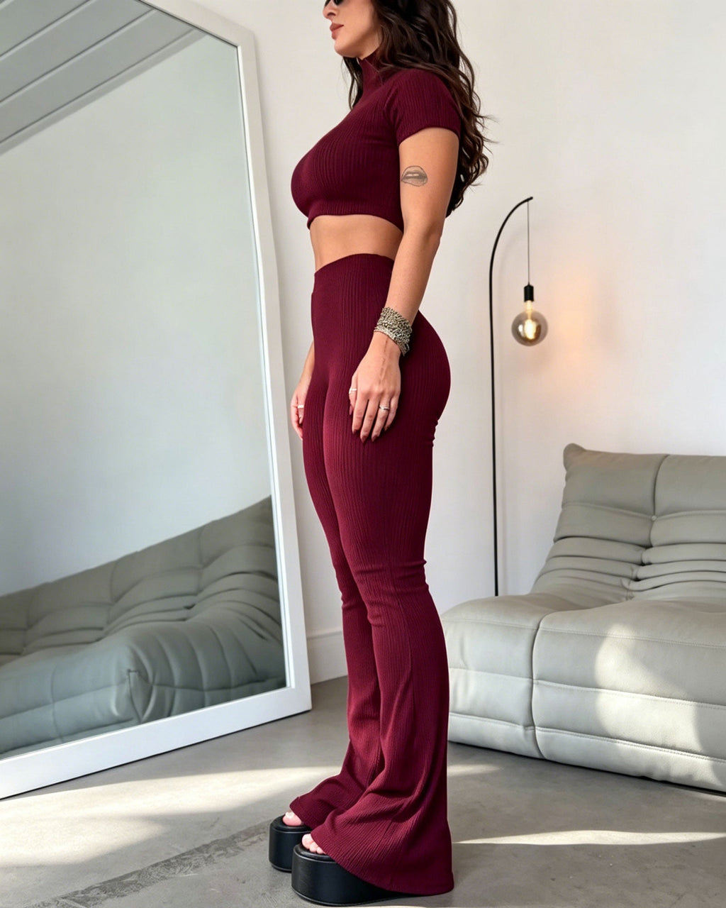 Ribbed Knit Turtleneck Short Sleeved Crop Top And High Waisted Flared Pants Two Piece Set
