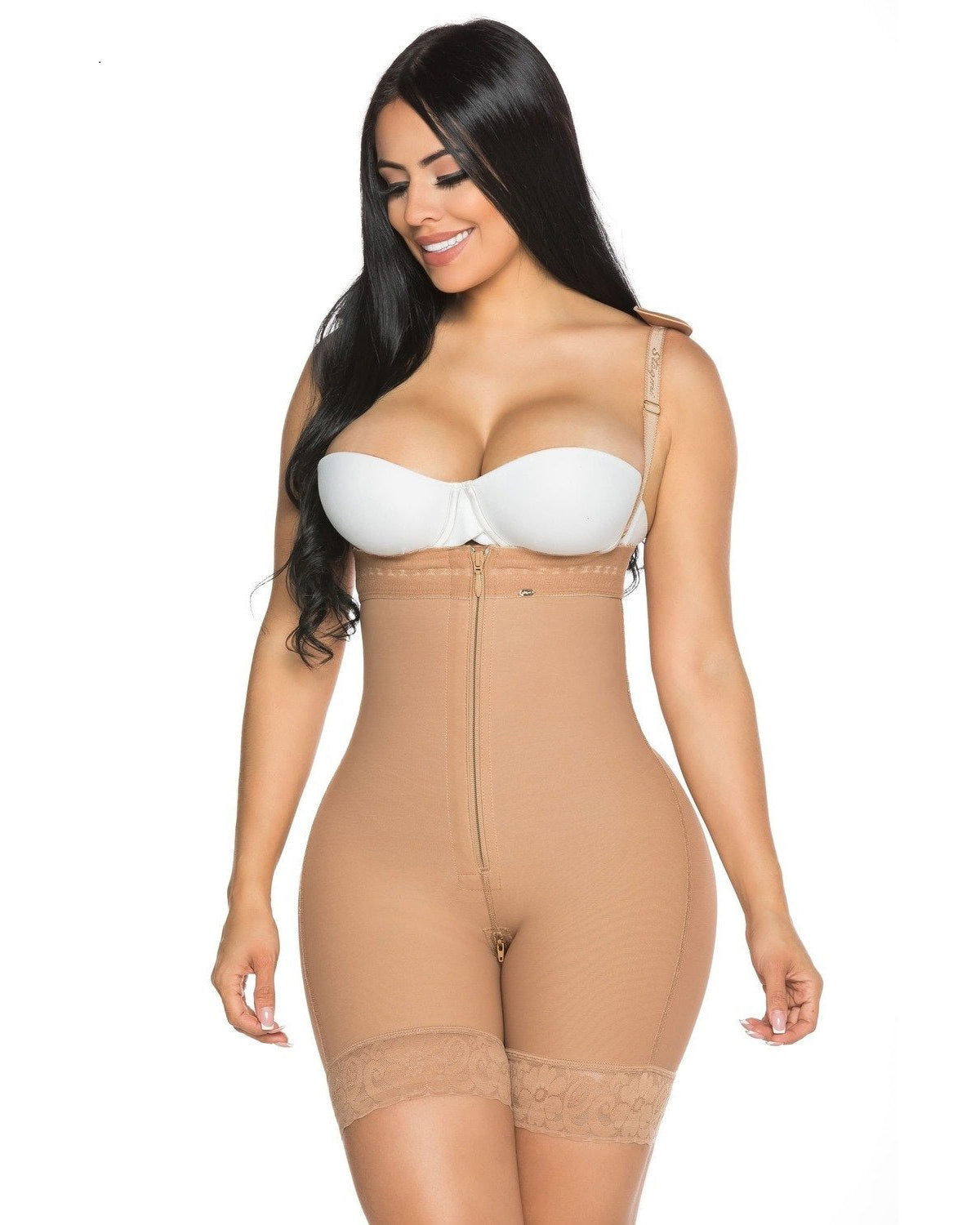 High Waisted Slimming Tummy Control Butt Lifting Zip-up Shaping Shorts Tan