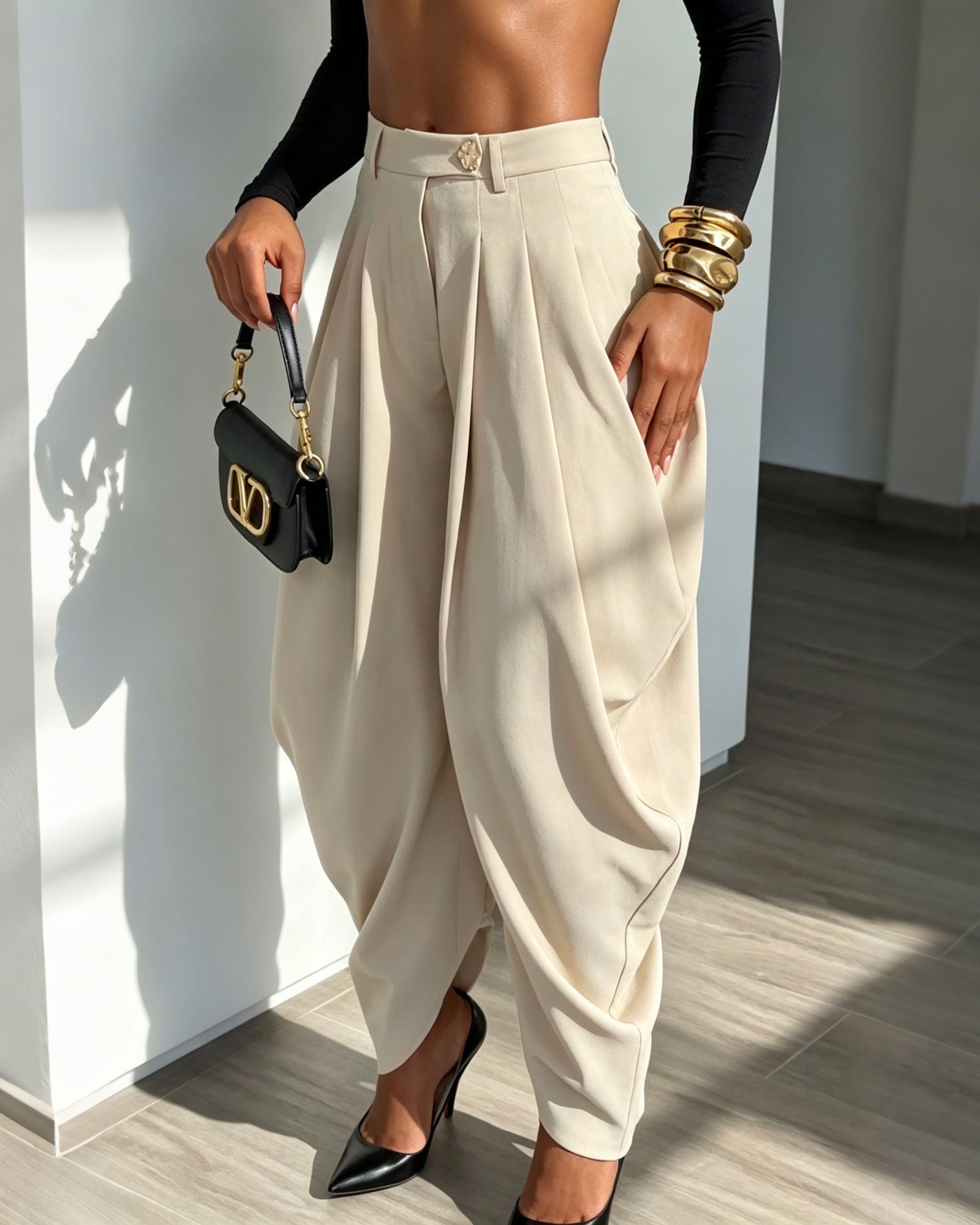 High Waisted Pleated Slit Wide Leg Harem Style Suit Pants