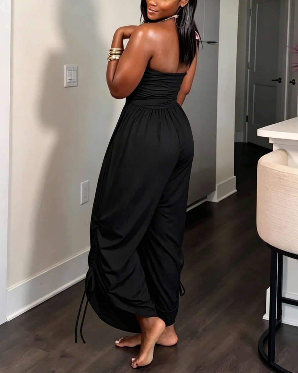 Backless Pleated Drawstring Waist Wide Leg Loose Fitting Jumpsuit