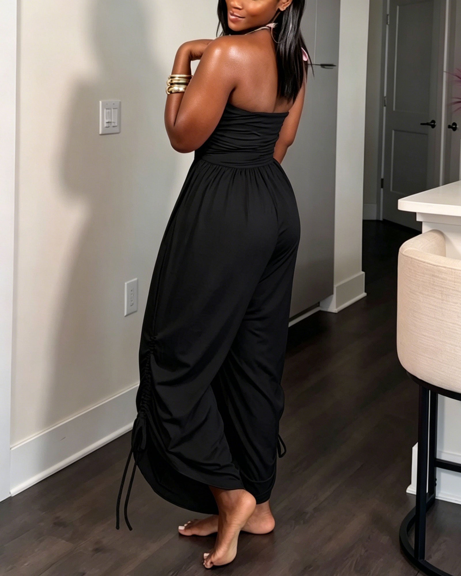 Backless Pleated Drawstring Waist Wide Leg Loose Fitting Jumpsuit