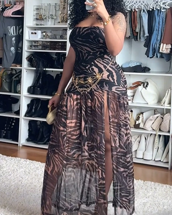 Strapless Leopard Print High-Slit Mesh Maxi Dress
