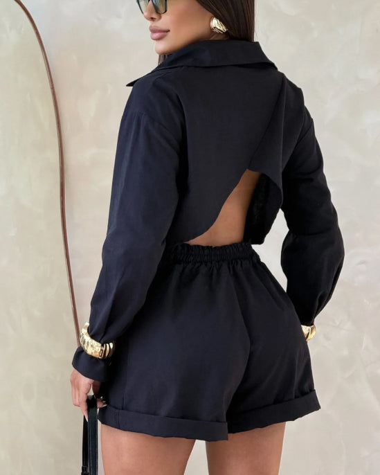 Women's Casual Cropped Button Down Shirt Long Sleeve Crop Top & Cargo Shorts