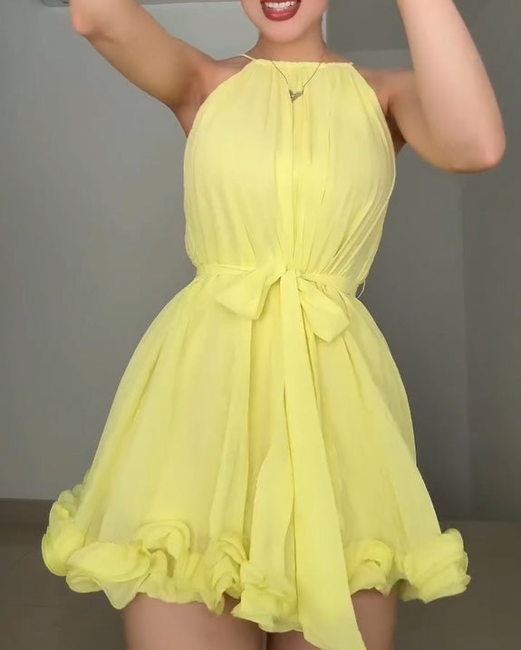Women's Pleated Halter Neck Chiffon Mini Dress with Ruffle Hem and Tie Waist