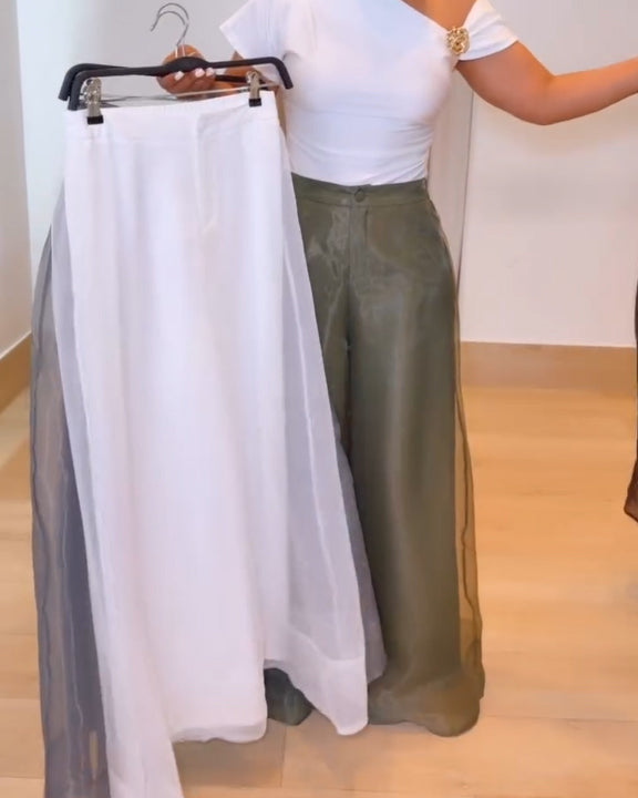 High-Waisted Sheer Layered Organza Wide-Leg Trousers White
