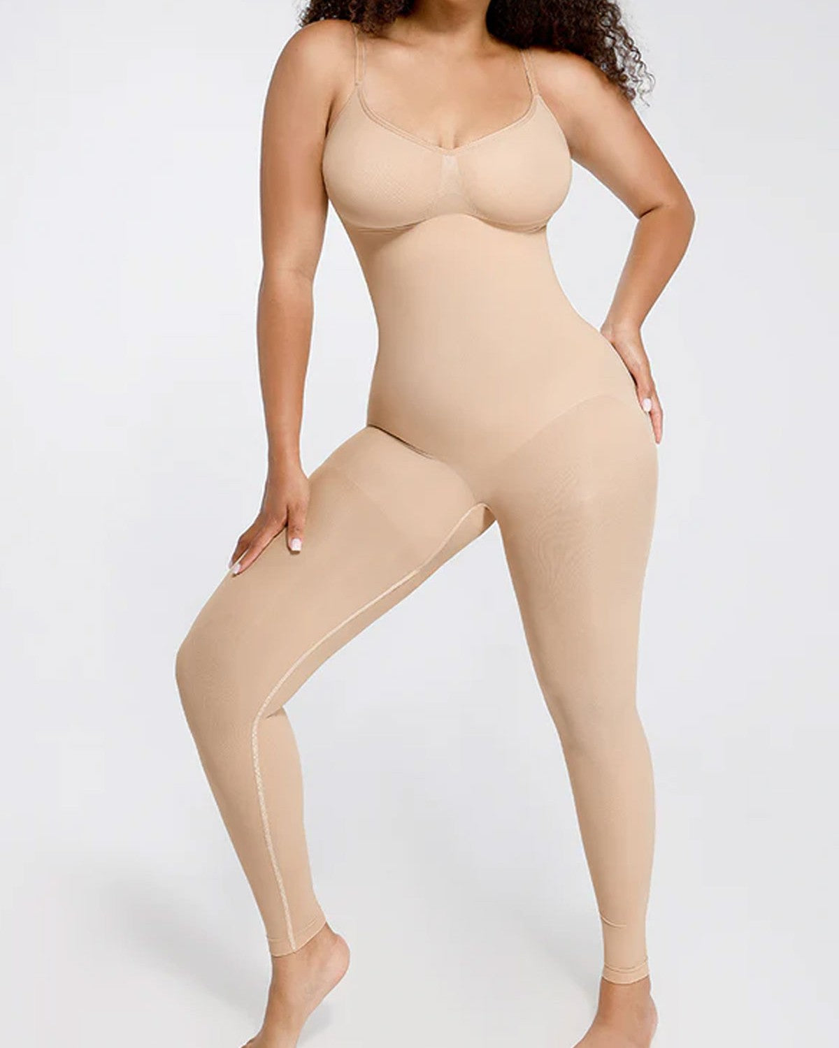 Seamless Waist-Breast Support Mid Thigh Body Shaper Beige