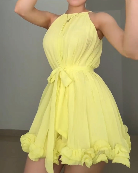 Women's Pleated Halter Neck Chiffon Mini Dress with Ruffle Hem and Tie Waist