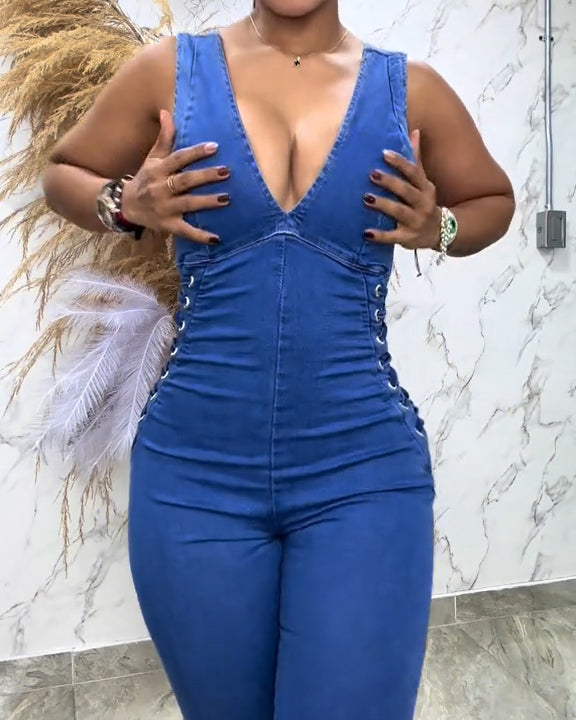 Women's Sexy Deep V-Neck Sleeveless Denim Jumpsuit with Side Lace-Up Details