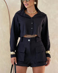 Women's Casual Cropped Button Down Shirt Long Sleeve Crop Top & Cargo Shorts Black