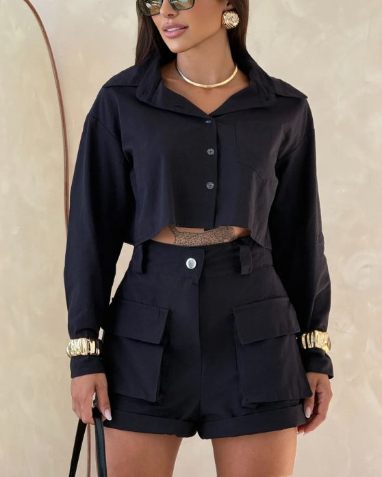 Women's Casual Cropped Button Down Shirt Long Sleeve Crop Top & Cargo Shorts Black