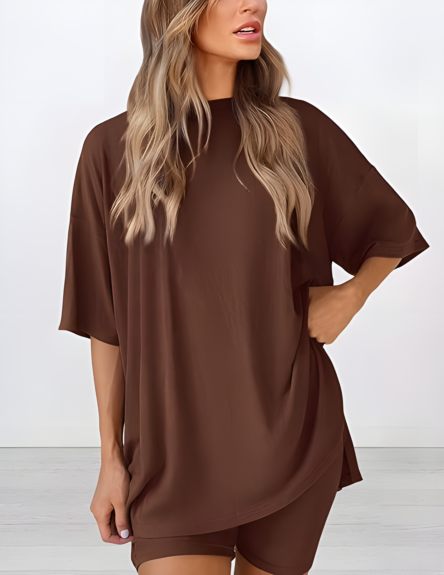 Casual Two-Piece Lounge Set Oversized Split Hem Shirt Peru