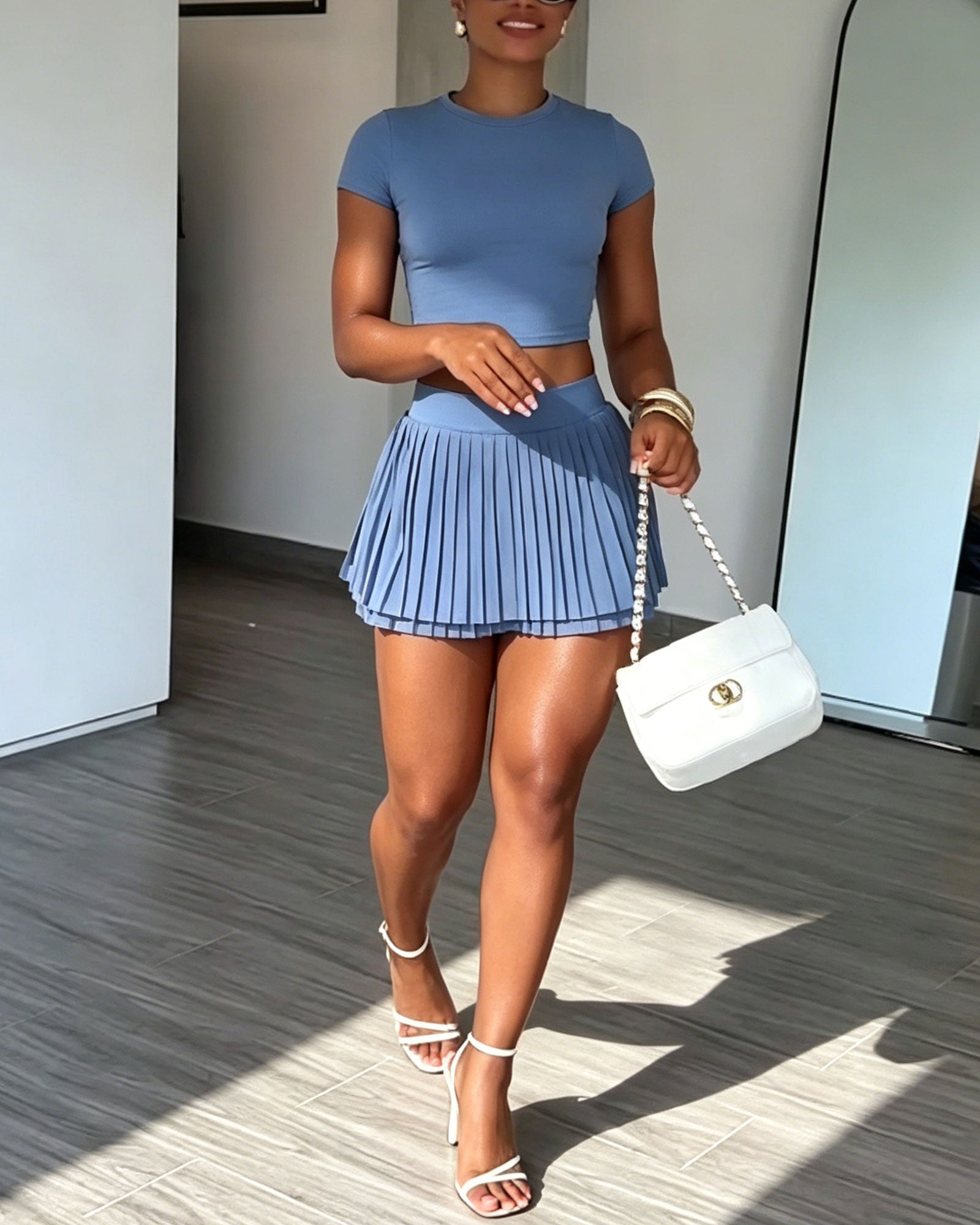 Short-Sleeve Crop Top & Pleated Mini Skirt Two-Piece Set