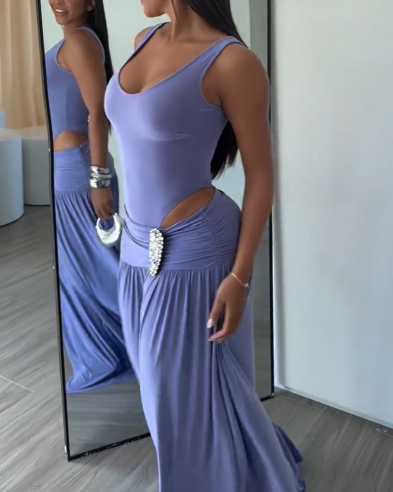 Fashionable Slim Fit Sleeveless Top and Flowy Wide Leg Pants 2-Piece Outfit