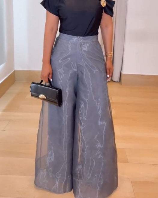 High-Waisted Sheer Layered Organza Wide-Leg Trousers Gray