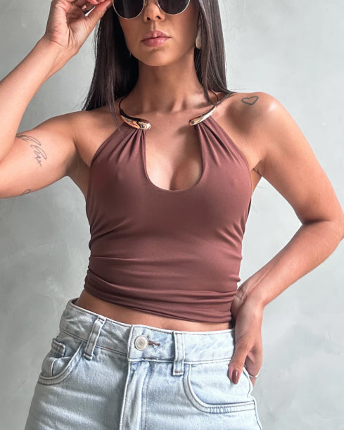 Metal Choker Halter Top With Waist Tie Detail Brown