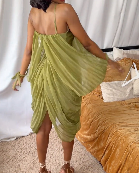 Women's Elegant Draped Mesh Midi Dress Sexy Plunging Neckline Ruched Cami Slip Dress