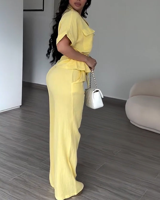 Women's 2 Piece Linen Outfits Short Sleeve Drawstring Shirts and Wide Leg Pants With Pockets