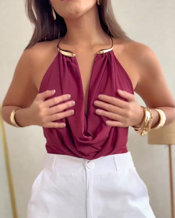Women's Sexy Cowl Neckline Backless Thong Bodysuit