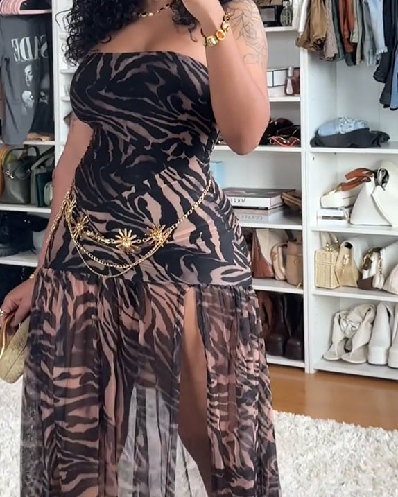 Strapless Leopard Print High-Slit Mesh Maxi Dress
