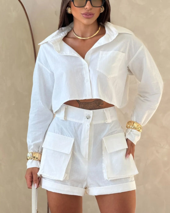Women's Casual Cropped Button Down Shirt Long Sleeve Crop Top & Cargo Shorts White