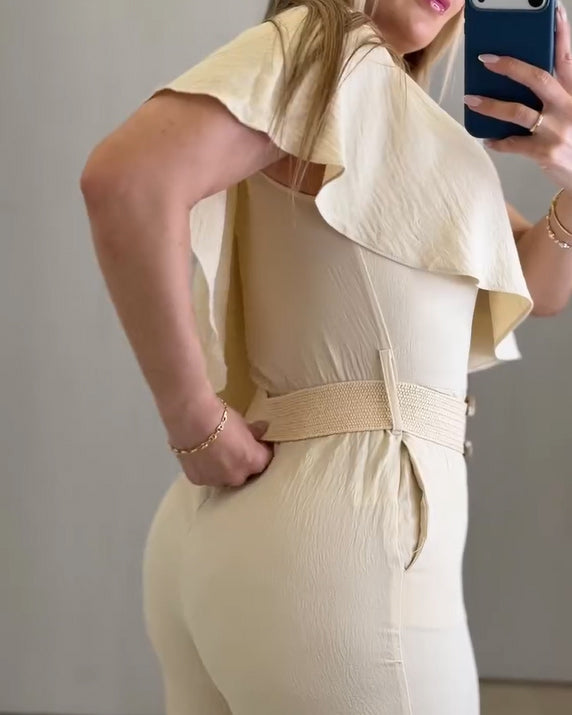 One Shoulder Ruffle Wide Leg Jumpsuit