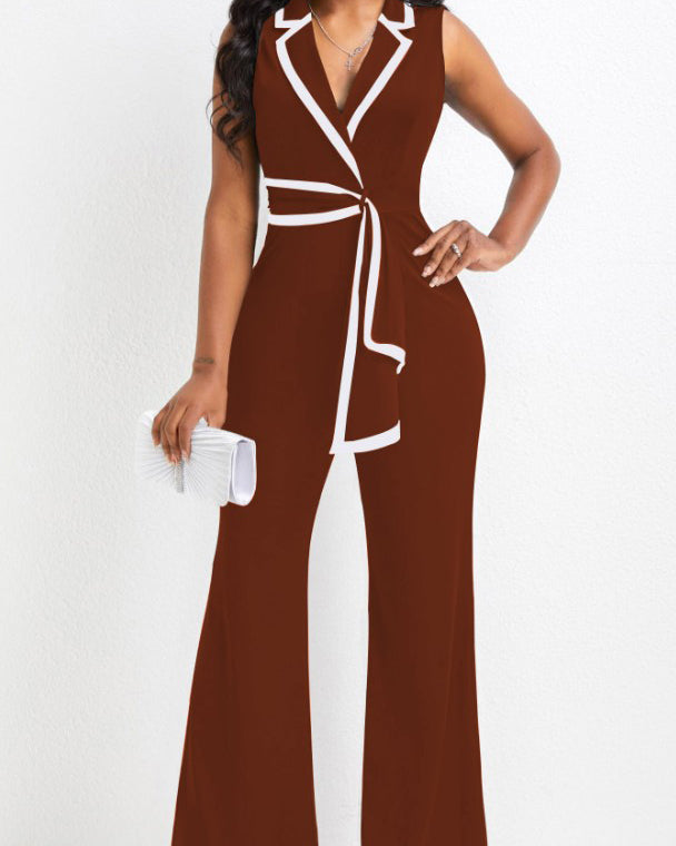 V-Neck Splicing Sleeveless Wide-Leg Jumpsuit Brown