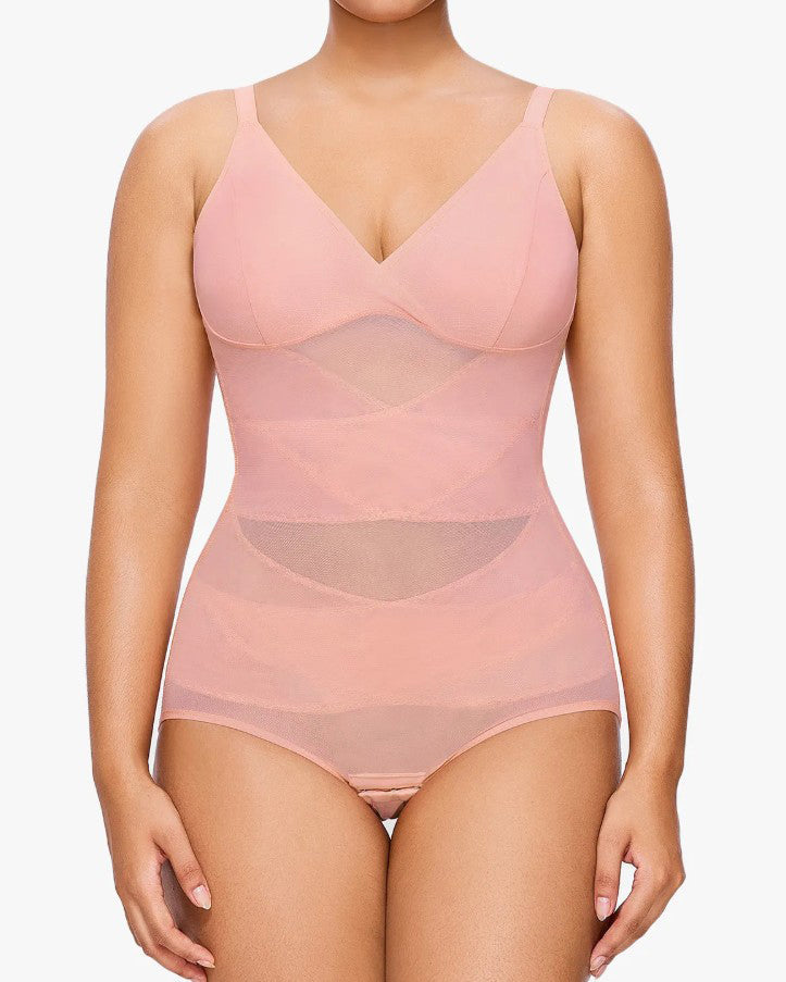 Sheer Mesh Slimming Thong Bodysuit Pink