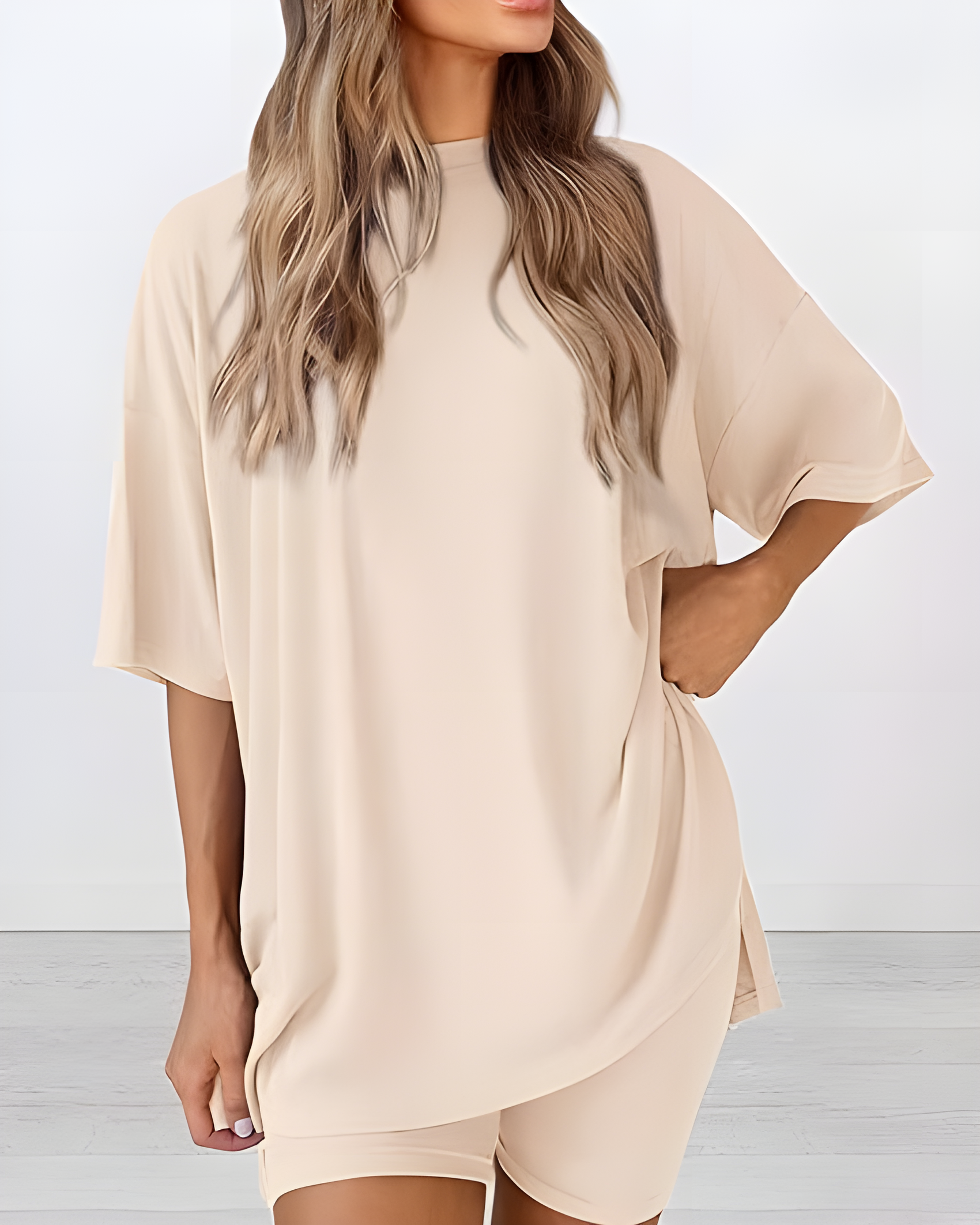 Casual Two-Piece Lounge Set Oversized Split Hem Shirt Beige