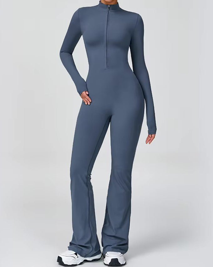 Front Zip Long Sleeve Bodycon Flare Jumpsuit Blue