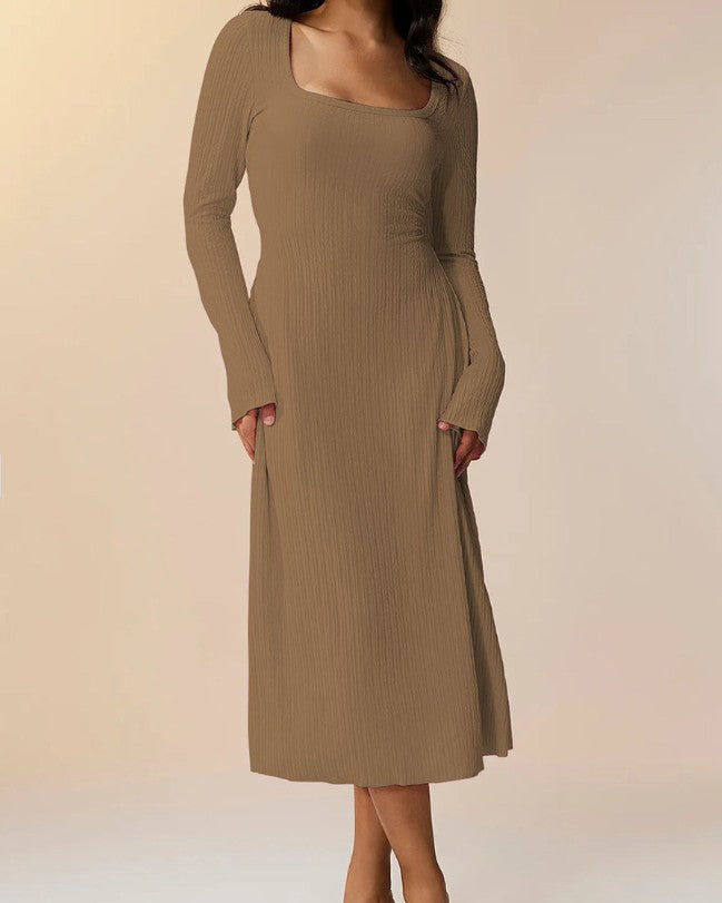Knitted Ribbed Square Neck Long-Sleeved Tie Dress Peru