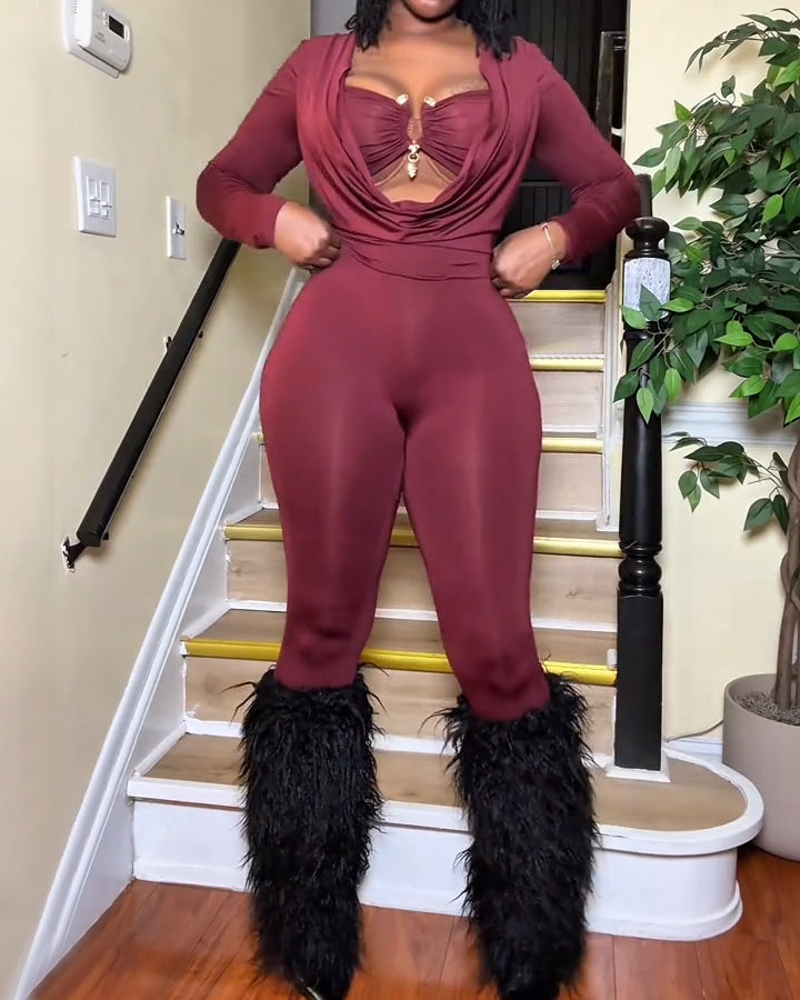 Sexy Draped Neck Slimming Long-Sleeved Jumpsuit DarkRed