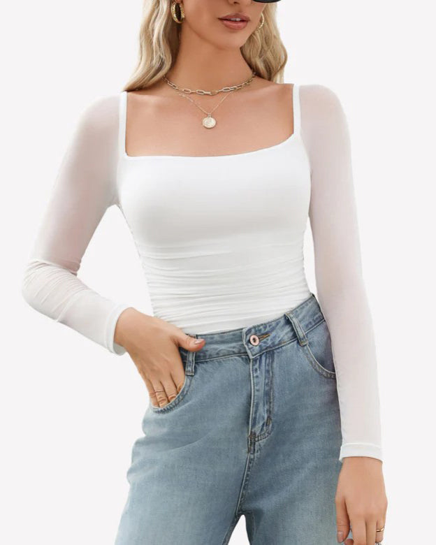 Sexy Square Neck Ruched Mesh Long Sleeve Shaping Bodysuit