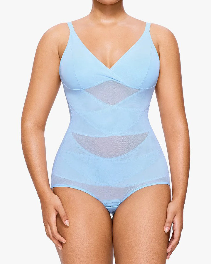 Sheer Mesh Slimming Thong Bodysuit Lightblue