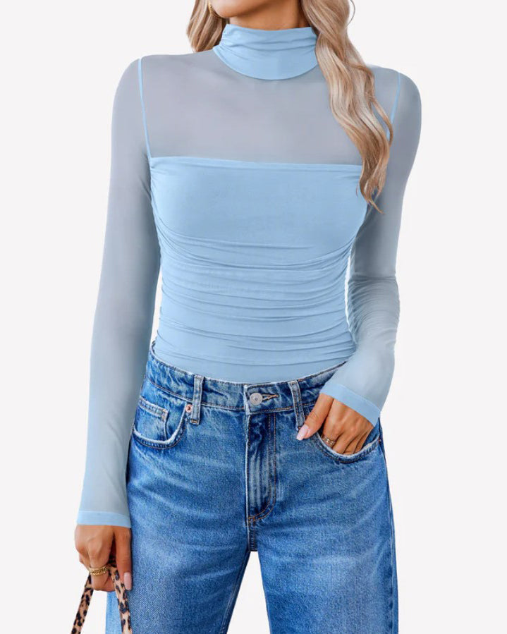 Ruched Sheer Mesh Slimming Shapewear Thong Bodysuit Lightblue