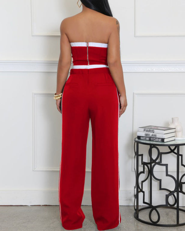 Fashion Stitching Style Tube Top Wide Leg 2 Piece Set