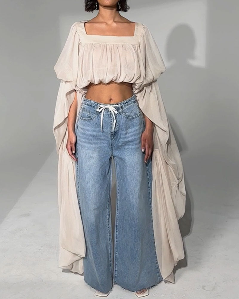Square Neck Chiffon Ruffled Puff Sleeve Bubble Crop Top White