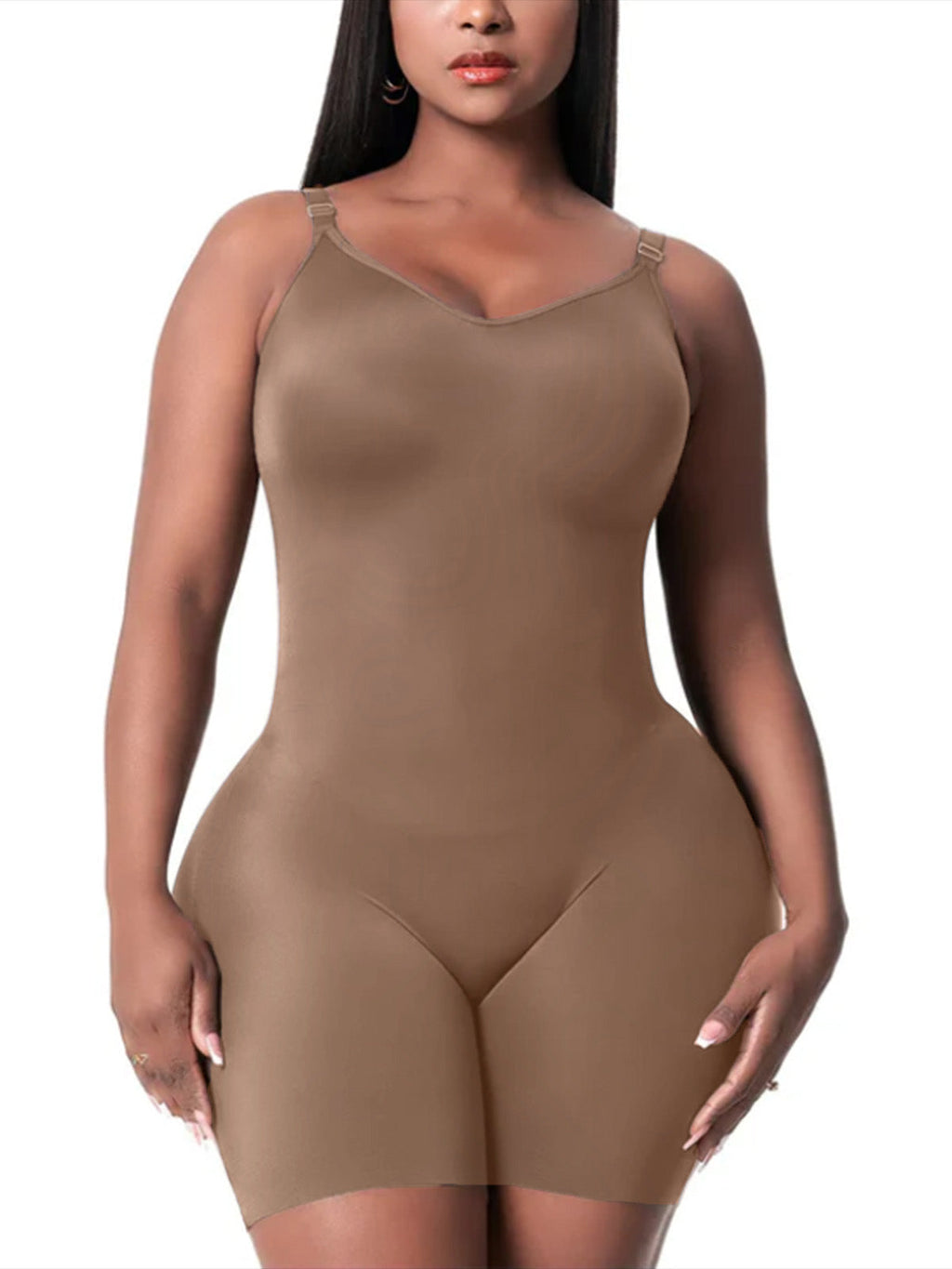 Daily Use Comfy Tummy Control Shapewear Bodysuit Mid Thigh With Built-In Bra Mocha Mousse
