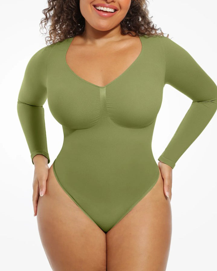 Tummy Shaping V Neck Slimming Thong Bodysuit Green