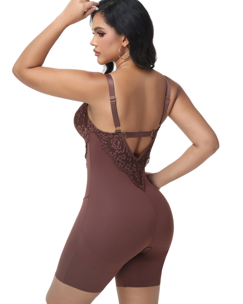 Women's Elegance Lace Bodysuit Deep V Neck Mid-Thigh Shapewear with Hooks