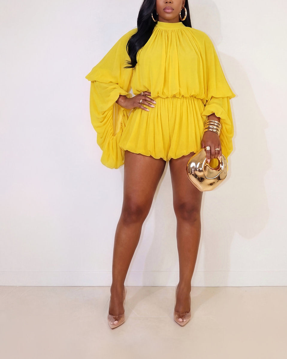 Mesh High neckline Bell Sleeve Romper